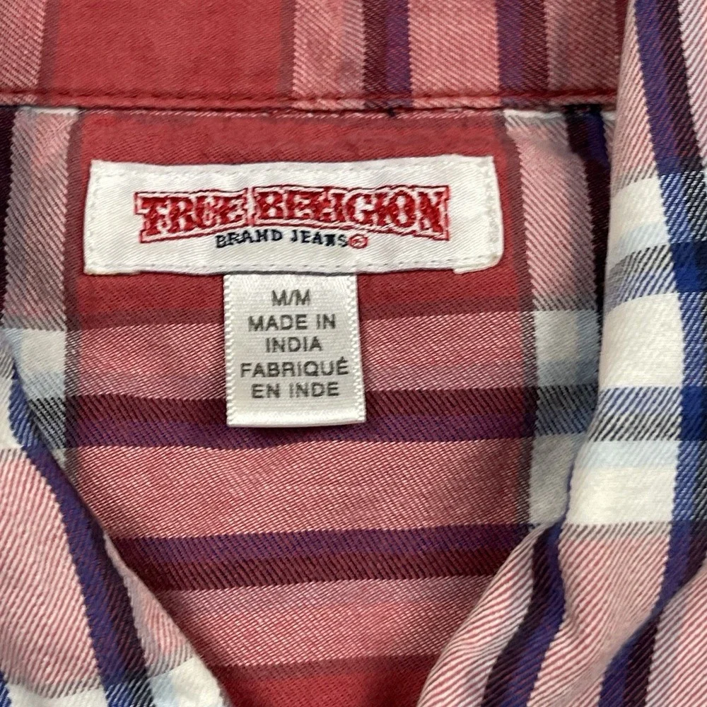 True Religion Brand Jeans Plaid Western Snap Shirt Men's M Short Sleeve Red Blue